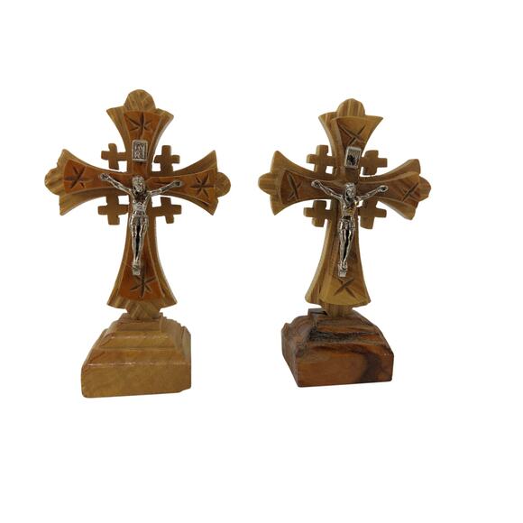 Set 2 Crosses Jesus Jerusalem Olive Wood Crucifix Holy Land - Picture 1 of 12